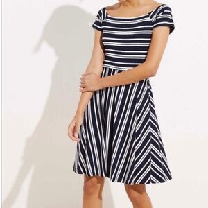 LOFT blue and white striped cross back flare dress XS